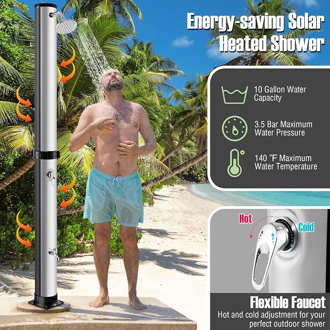 Goplus 10 Gallon Solar Heated Outdoor Shower, 7.2 FT Freestanding Outside Shower - Image 3