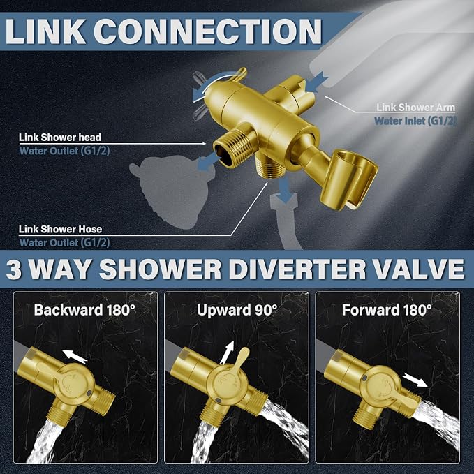 Metal Shower Arm Diverter with Handheld Mount, G1/2" 3-Way Shower Diverter - Image 2