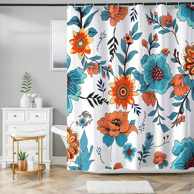 Bohemian Shower Curtain, Boho Floral Print Water Repellent Polyester Fabric - Image 4