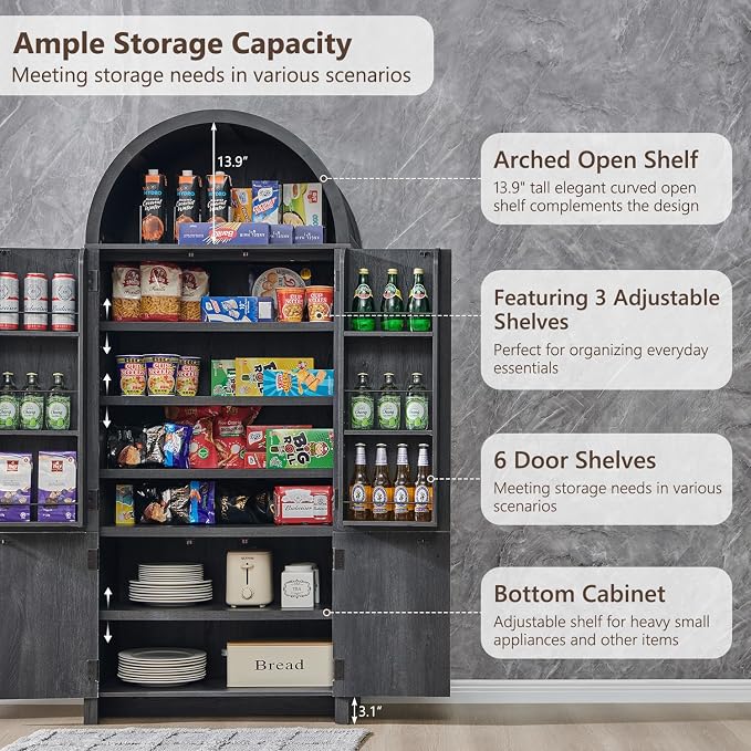 71" Tall Arched Kitchen Pantry, Modern Fluted Wood Storage Cabinet - Image 4