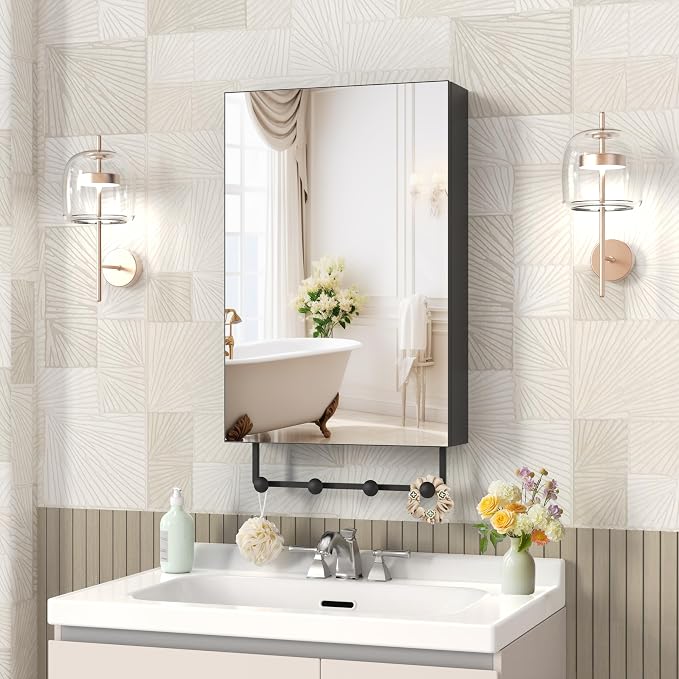 ANYHI 24"x16" Black Bathroom Mirror Medicine Cabinet, Single Door Bathroom Wall by ANYHI