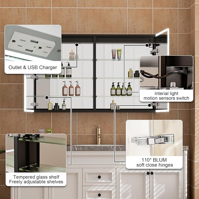 WELLFOR 48" X 30" LED Mirrored Medicine Cabinet, Medicine Cabinets - Image 4