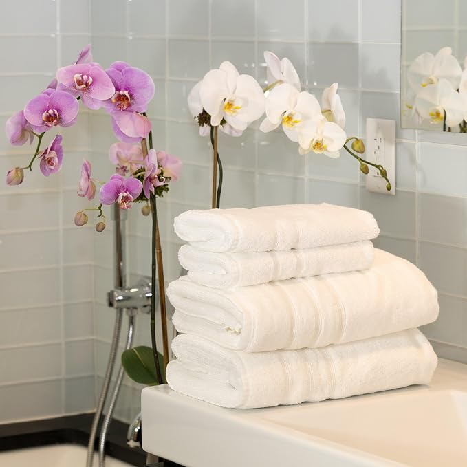 Mosobam Luxury Turkish 4pc Towel Set 30X58 16X30 White 700 GSM Bamboo Viscose & - Image 2