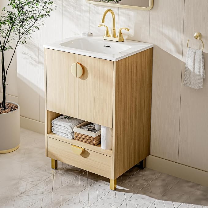 phiestina Fully Pre-Assembled 24 Inch Bathroom Vanity, Freestanding Oak - Image 2