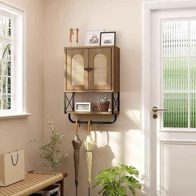 RUSTOWN Rattan Bathroom Wall Cabinet, Boho Over The Toilet Storage Cabinet - Image 5