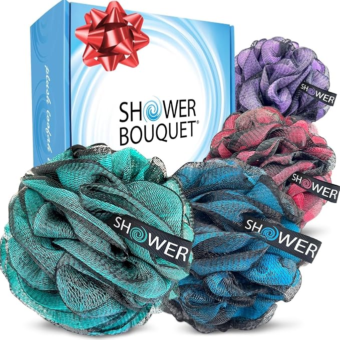 SHOWER BOUQUET Loofah-Charcoal Bath-Sponge XL-Color-4-Pack // Extra Large 75g by ShowerBouquet%C2%AE