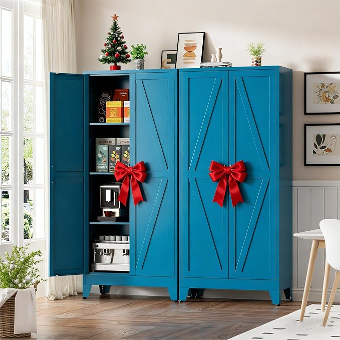 Blue Metal Kitchen Pantry Cabinet, Rustic Freestanding Cupboard - Image 5