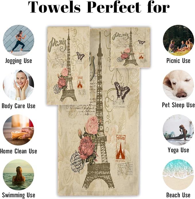 Vintage Butterfly Paris Eiffel Tower 3 Piece Towel Bathroom Sets, 1 Bath Towel - Image 3