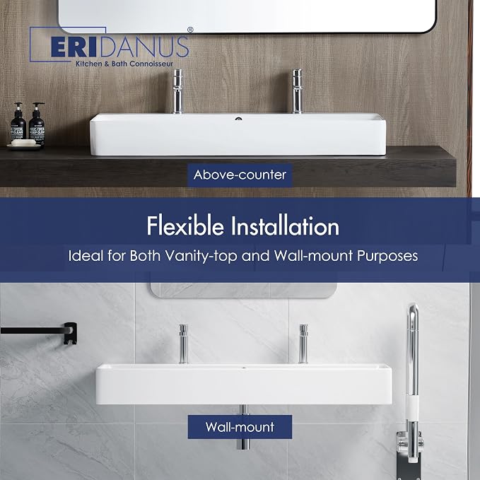 Eridanus Bathroom Sink Rectangle 43" x 16", Two Hole Vitreous Ceramic Vessel - Image 5