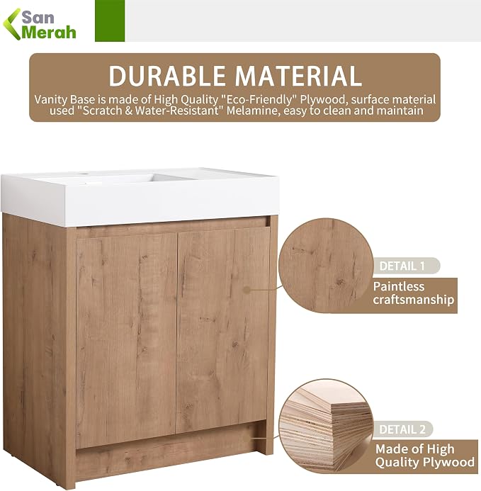 30 inch Bathroom Vanity with Sink, Single Resin Sink Freestanding Bathroom - Image 4