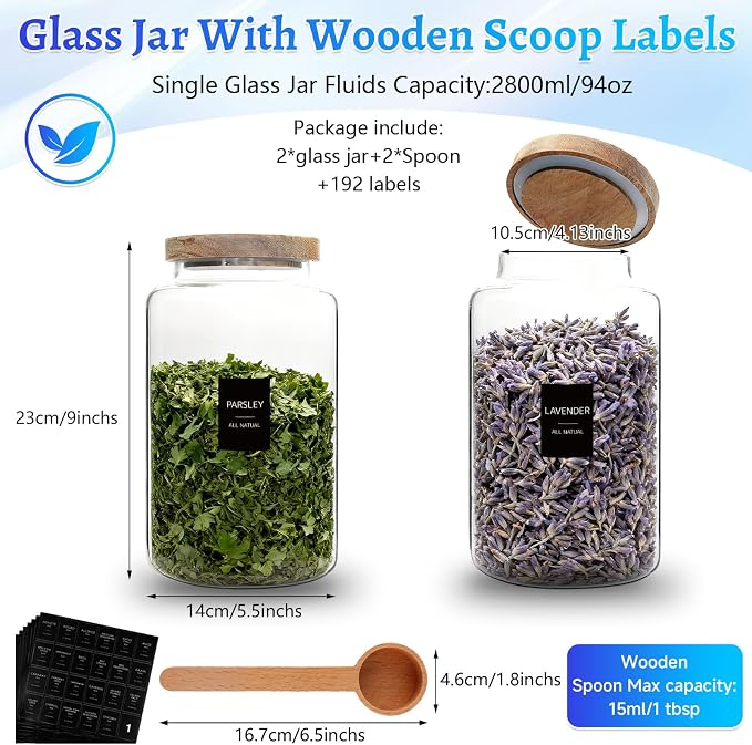 Glass Storage Jar with Lids Spoon Labels Round Glass Coffee Canister - Image 2