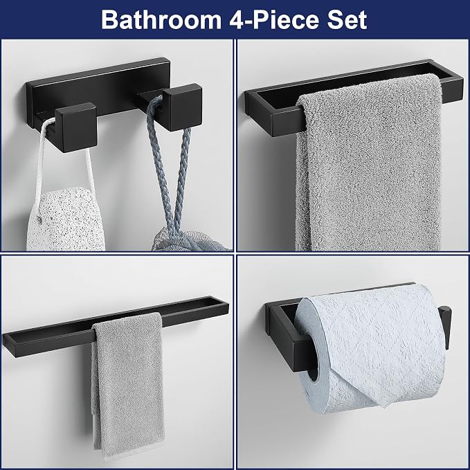 Lairuier 4-Piece Bath Towel Bar Set, Matte Black Bathroom Hardware Set - Image 3