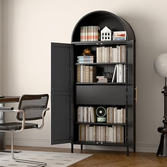 73'' Tall Metal Arched Cabinet, Modern Black Arch Bookshelf Display Cabinet by GANGMEIMENTALSTORAGECABINET