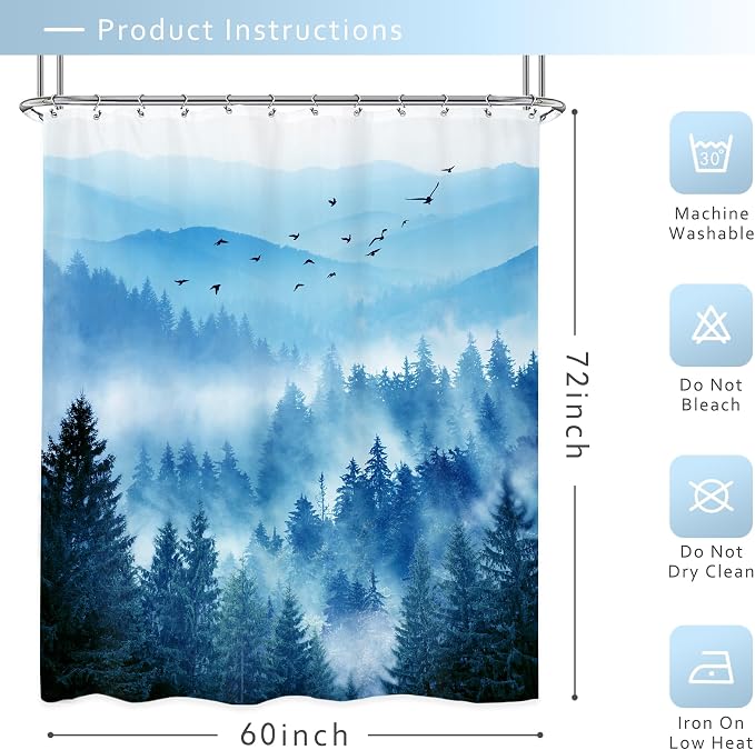 Riyidecor Mountain Shower Curtain 60Wx72H Inch Blue Foggy Nature Scenery Smokey - Image 3