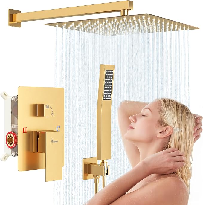 12 Inch Luxury Rain Shower Faucet Set, Brushed Gold Shower System by FocusonKitchenBathroom