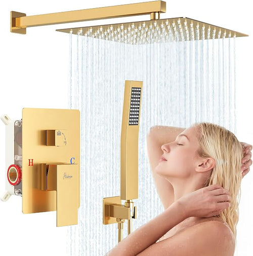 12 Inch Luxury Rain Shower Faucet Set, Brushed Gold Shower System by FocusonKitchenBathroom