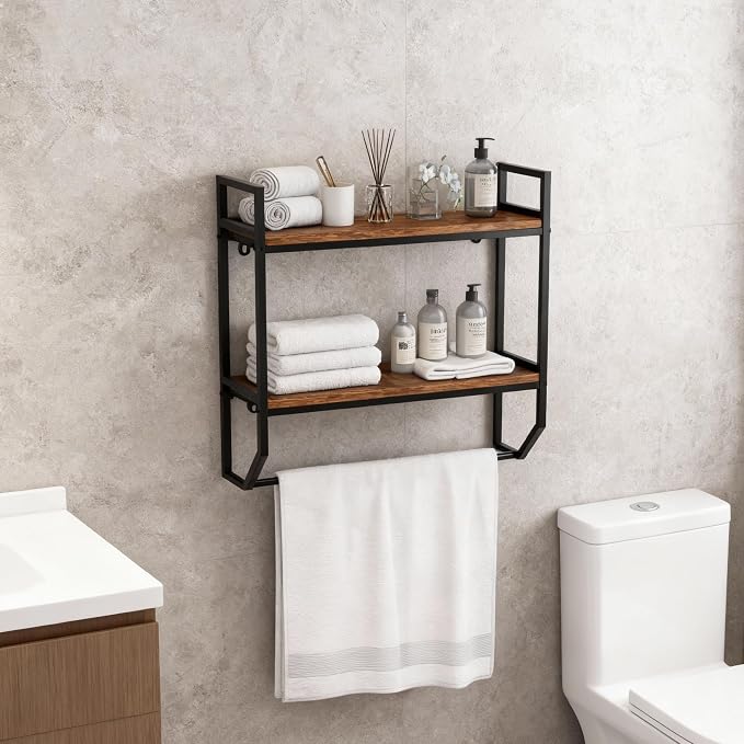 POWERSTONE 2-Tier Bathroom Towel Rack Industrial Wall Mounted Shelf - Image 3