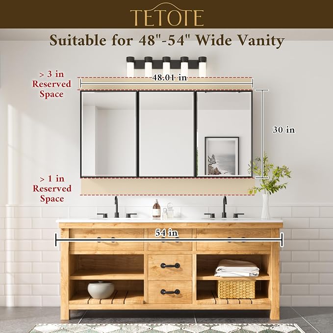 TETOTE 48" x 30" Brushed Nickel Medicine Cabinet Mirror - Image 3