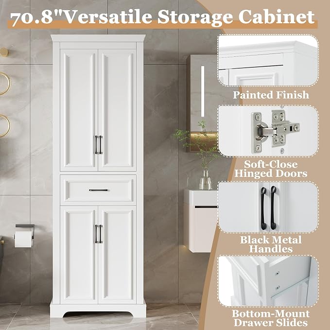 71" Tall Storage Cabinet with Doors and Drawers, Modern Wood Freestanding Tall - Image 5