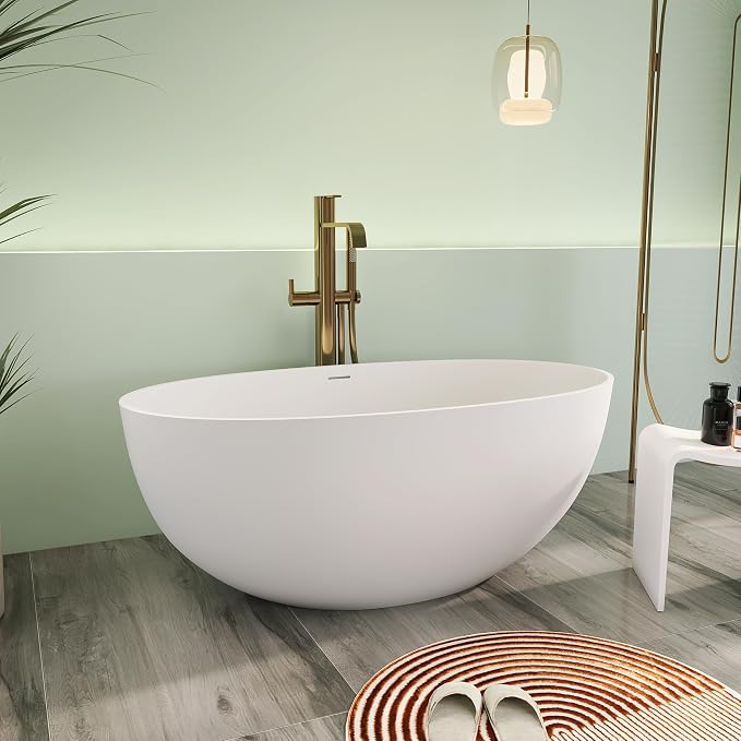55" Premium Solid Surface Freestanding Bathtub, Upgraded Oval Stone Resin Tub - Image 3