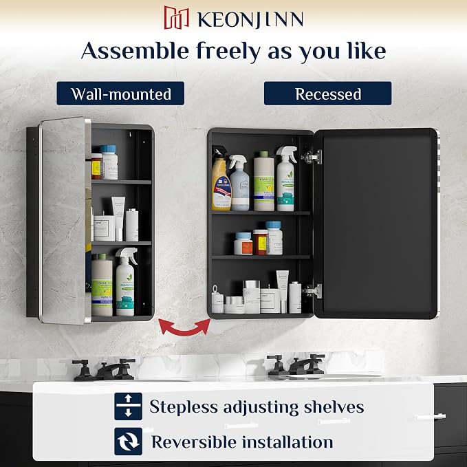 Keonjinn 60 x 32 Inch Large Chrome Medicine Cabinets, Recessed Bathroom - Image 6