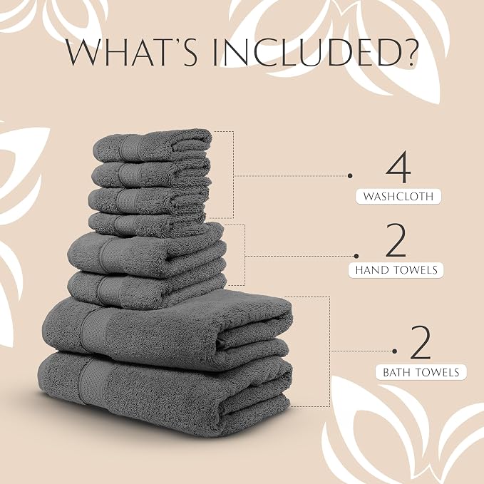 MAURA Grey Bath Towel Set of 8 for Bathroom. Turkish Cotton Luxury Bath Towels. - Image 2