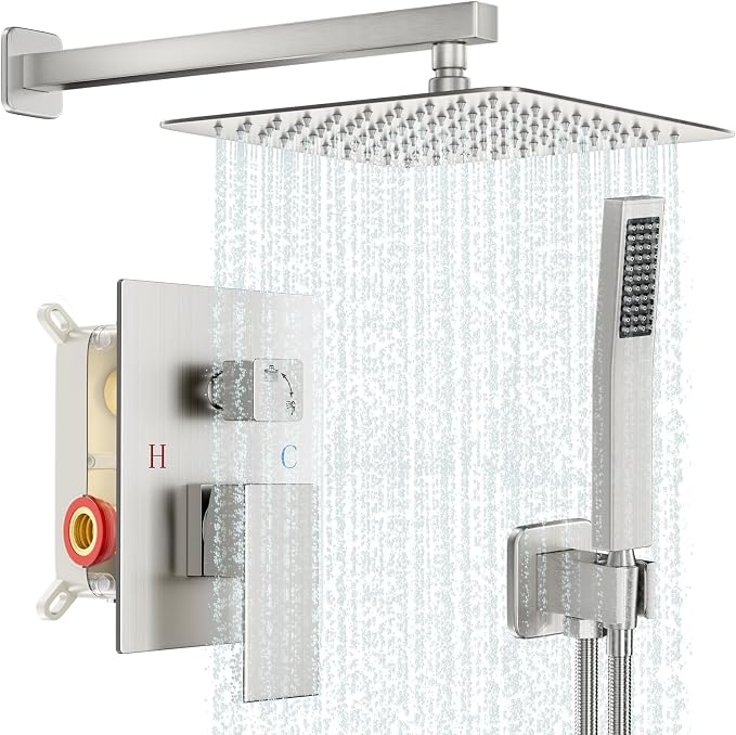 Shower Faucet Set Bathroom Square Rain Shower Head and Handle Set, Wall Mounted by Baetuy