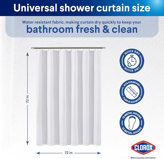 Clorox 2-in-1 Bathroom Shower Curtain Liner w Metal Hooks, Durable Fabric - Image 2