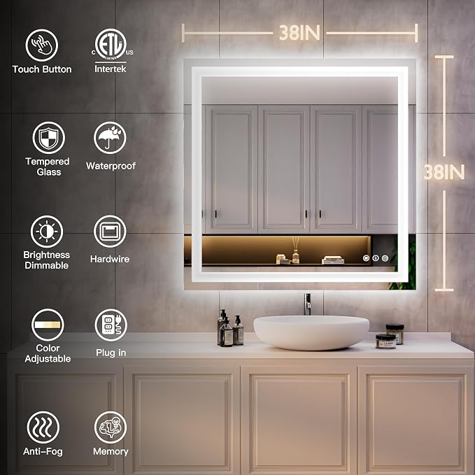 ISKM 38'' x 38'' LED Mirror for Bathroom Lighted Vanity Mirror for Wall Front - Image 7