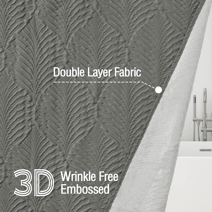 Gibelle Grey Shower Curtain for Bathroom, 3D Embossed Textured Fabric Shower - Image 2