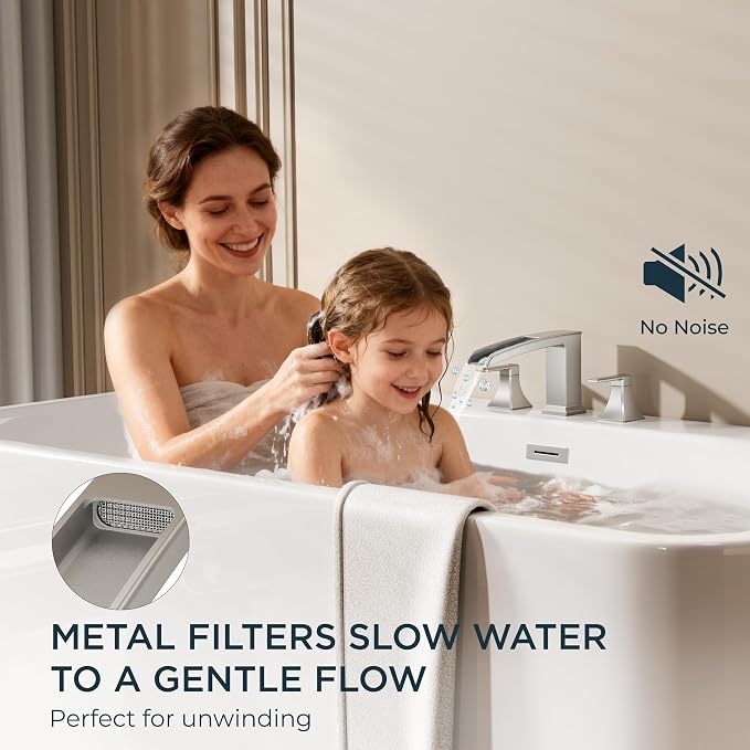 FORIOUS Waterfall Bathtub Faucet Set 3 Hole Brushd Nickel, 2 Handle Deck Mount - Image 4