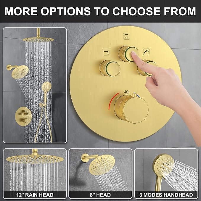 KOJOX Brushed Gold Thermostatic Shower System, Push Button Diverter Shower - Image 3