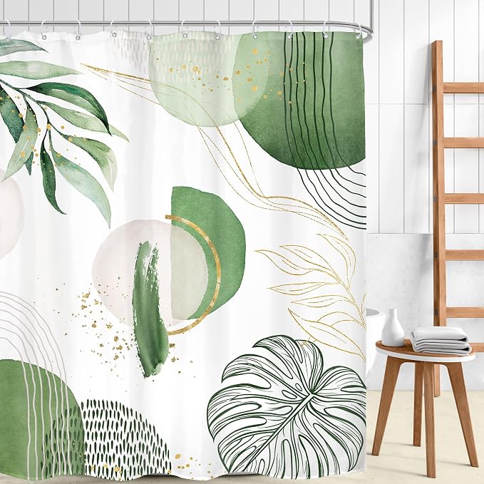 Extra Long Green Boho Shower Curtain 72Wx84H Mid Century Modern Abstract Palm - Image 2
