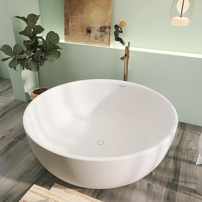 59" x 59" Premium Solid Surface Freestanding Bath Tub, Upgraded Round Soaking - Image 2