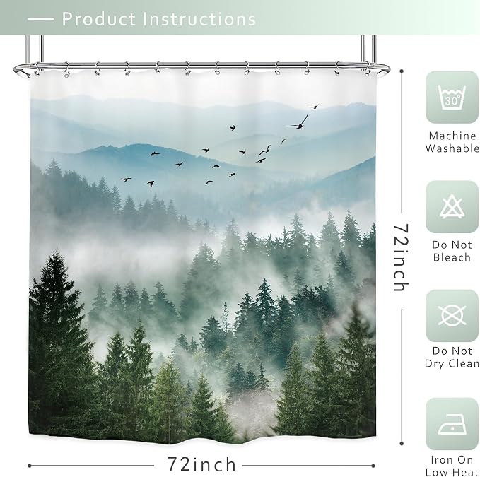 Riyidecor Green Mountain Shower Curtain 72Wx72H Inch Nature Scenery Foggy Pine - Image 3