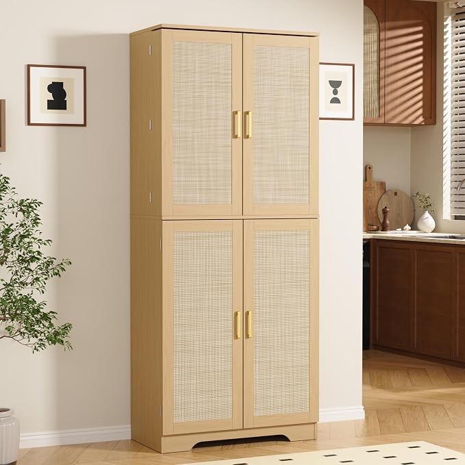72" Tall Kitchen Pantry with Rattan Doors, Storage Cabinet with Organizer - Image 6