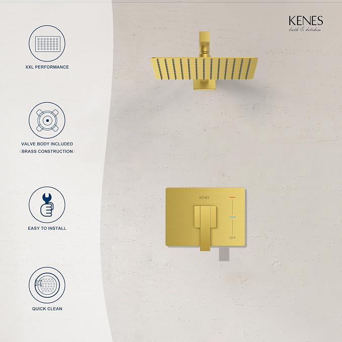 KENES Brushed Gold Shower Faucet, Modern Square 10-Inch Shower Head and Handle - Image 9
