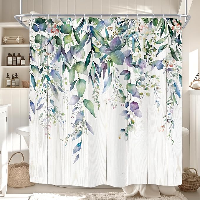 Riyidecor Teal Shower Curtain for Bathroom Decor 72Wx72H Eucalyptus Leaves by Riyidecor