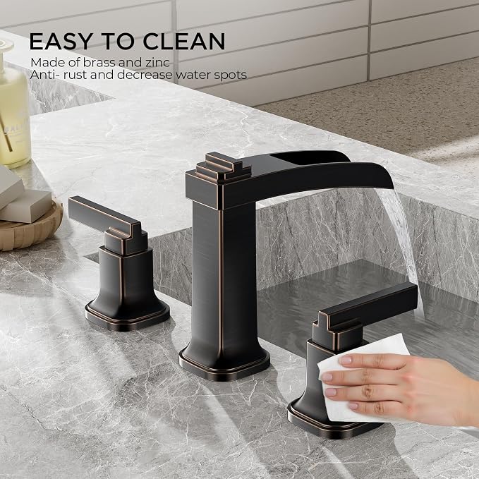 FORIOUS Brass Bathroom Faucets 3 Hole, Modern Waterfall Widespread 8 Inch Oil - Image 5