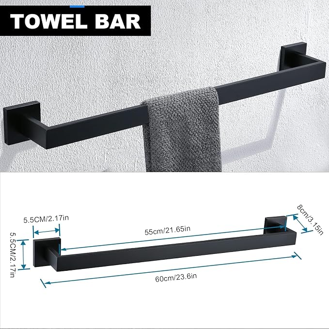 YACVCL 5 Pieces Black Bathroom Accessorie Set 23.6 Inch Towel Bar Set, - Image 2