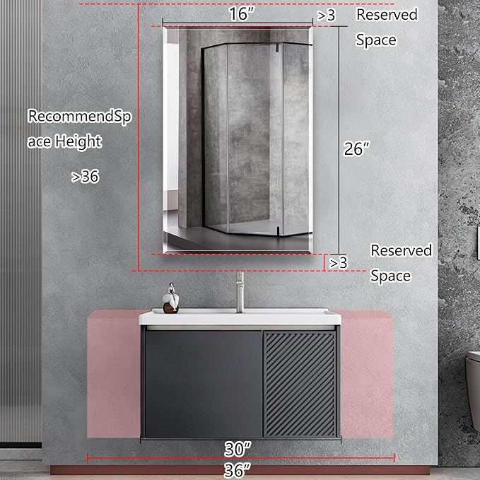 Bathroom Medicine Cabinet with 16x26 in Rectangular Beveled Frameless Mirror - Image 4