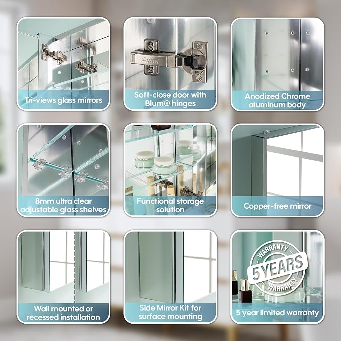 WELLFOR 72" x 30" Rectangle Medicine Cabinet Mirror, Surface Mount or Recessed - Image 6