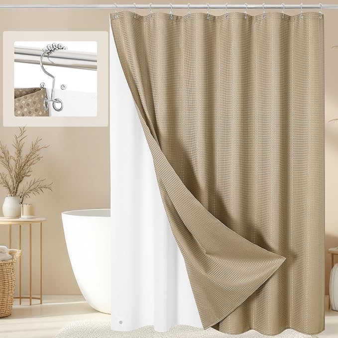 3 in 1 Extra Long Beige Shower Curtain Set-72 W x 84 H, Tan Waffle and PEVA by Unknown