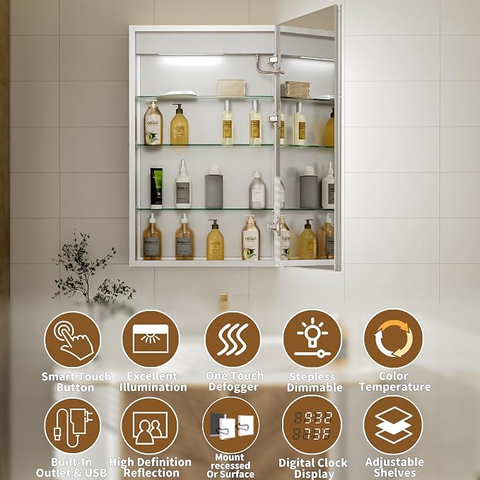 Lighted Medicine Cabinet with Mirror, Stepless Dimming & Defog, Right Open - Image 8