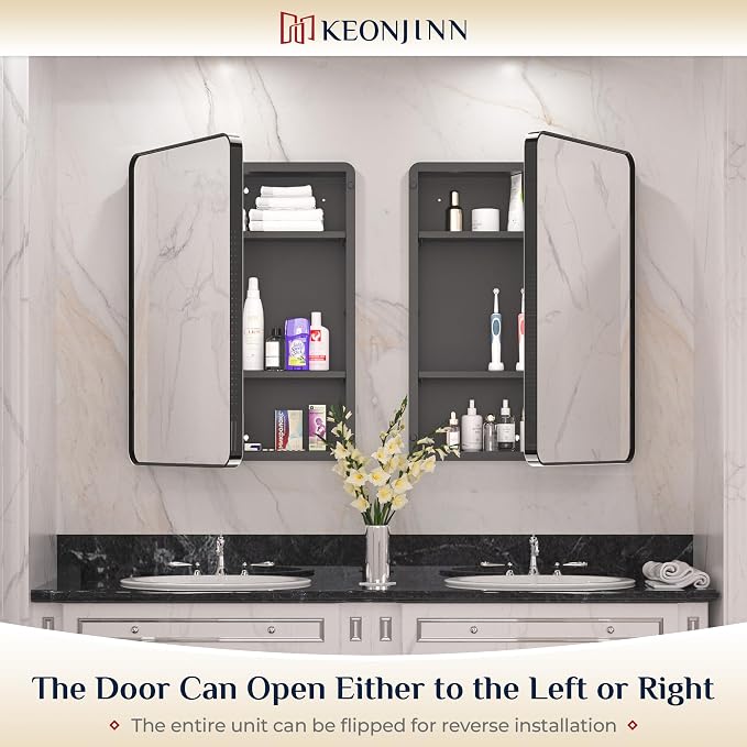 Keonjinn 20 x 26 Inch Black Recessed Medicine Cabinets, Bathroom Mirrored - Image 8
