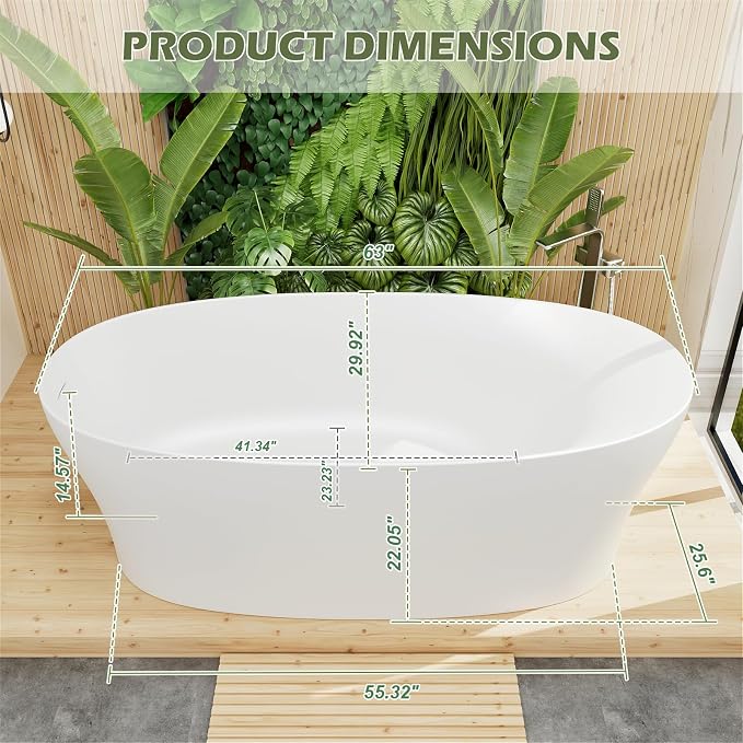 GIVINGTREE 63'' Freestanding Solid Surface Resin Stone Bathtub, Contemporary - Image 3