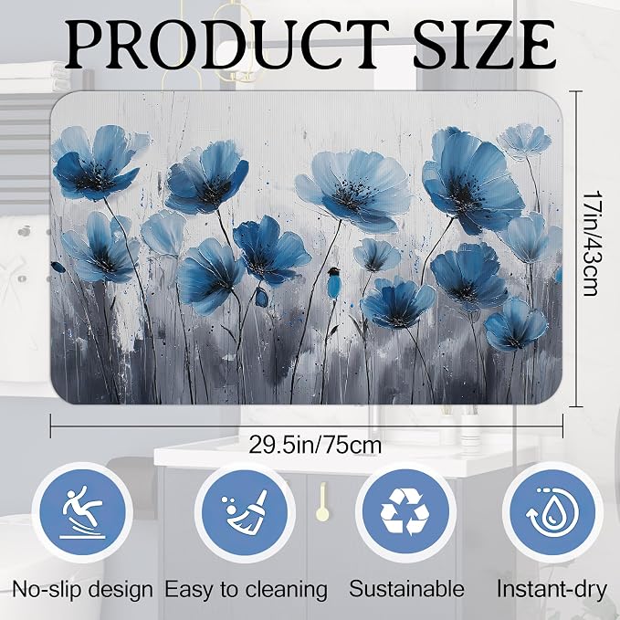 Elightvap Vintage Blue Flower Bathroom Rugs Mat Non Slip Absorbent Quick Dry - Image 2
