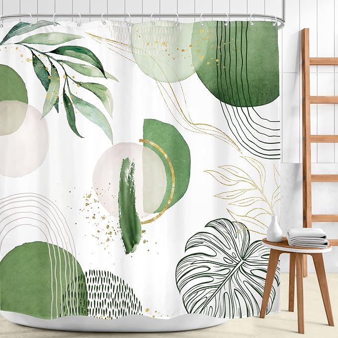 Green Boho Shower Curtain 72Wx72H Mid Century Modern Abstract Gold Olive - Image 2