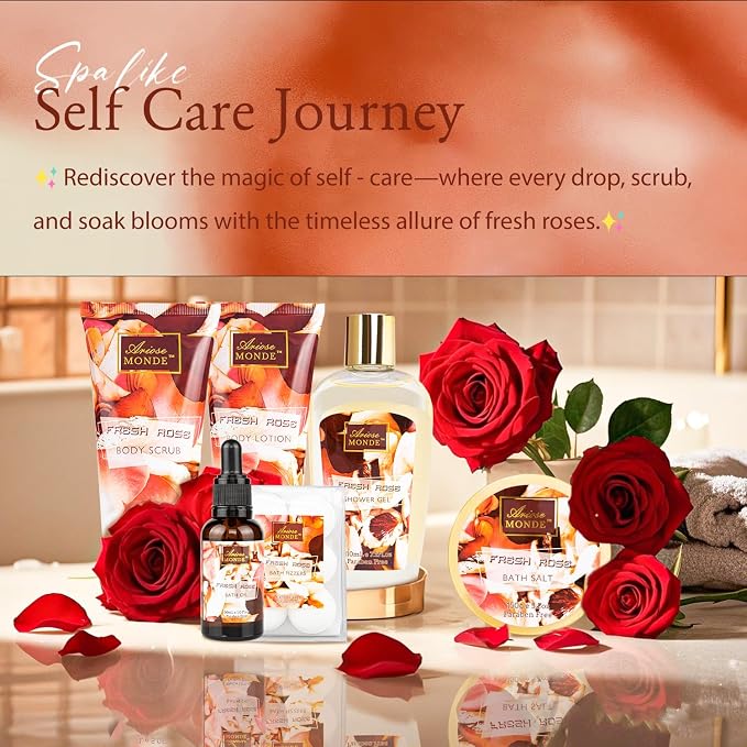 Fresh Rose Spa Gift Set for Women, 8-Piece Relaxing Bath Set - Image 3