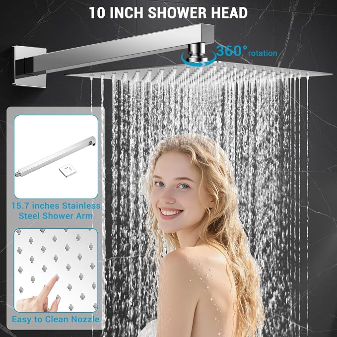 Shower Faucet set with Shower head, Wall Mount 10 Inch Square Rainfall Shower - Image 4